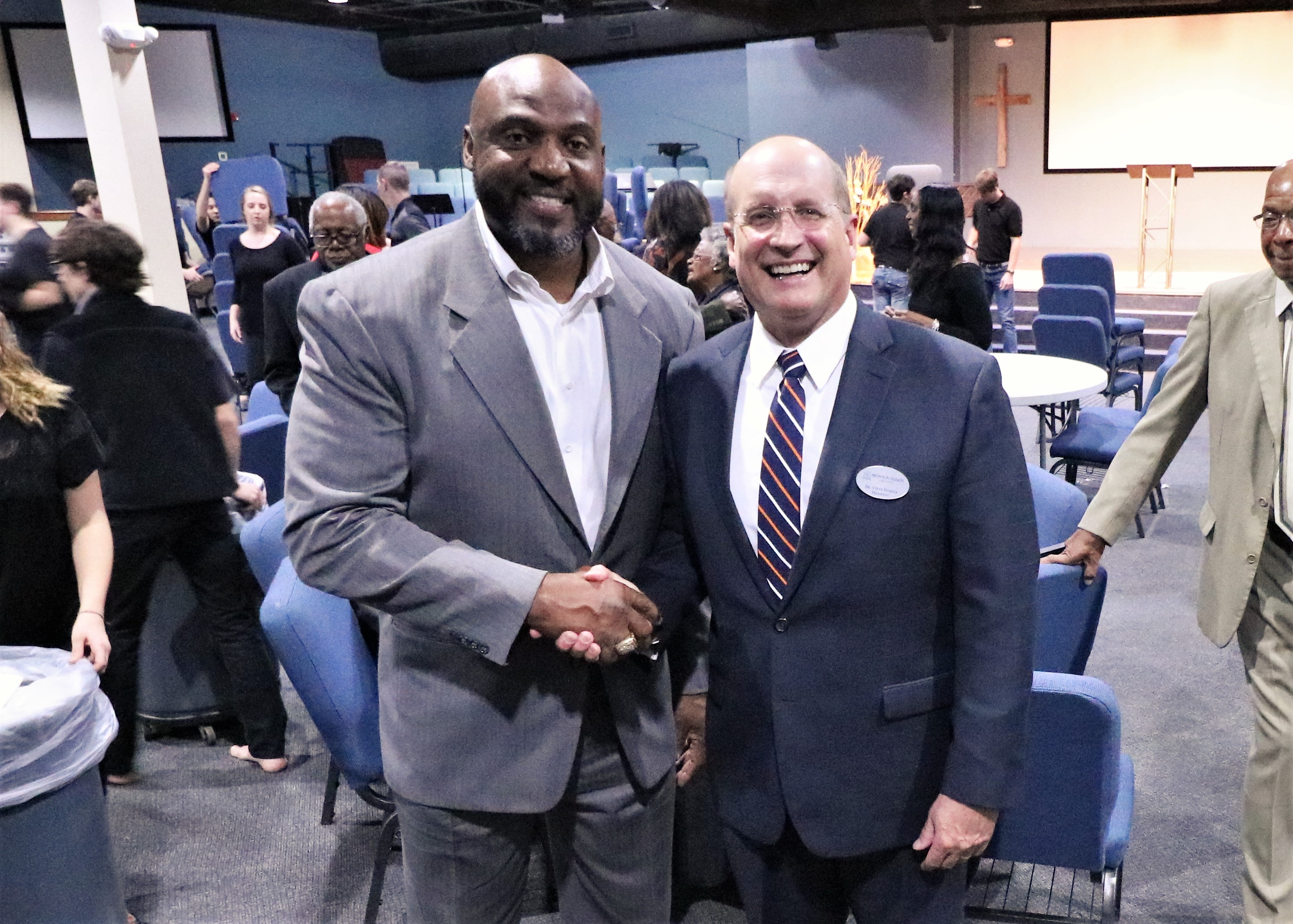 Fred Stokes, former NFL player and a native to Vidalia, Ga, poses with Dr. Steve Echols, president of Brewton-Parker College at the Warren C. Crawley Sr. Celebration of Heritage Banquet on February 3, 2018. Stokes’s humor and storytelling engaged the audience as he delivered a powerful speech on actions that are done in secret.