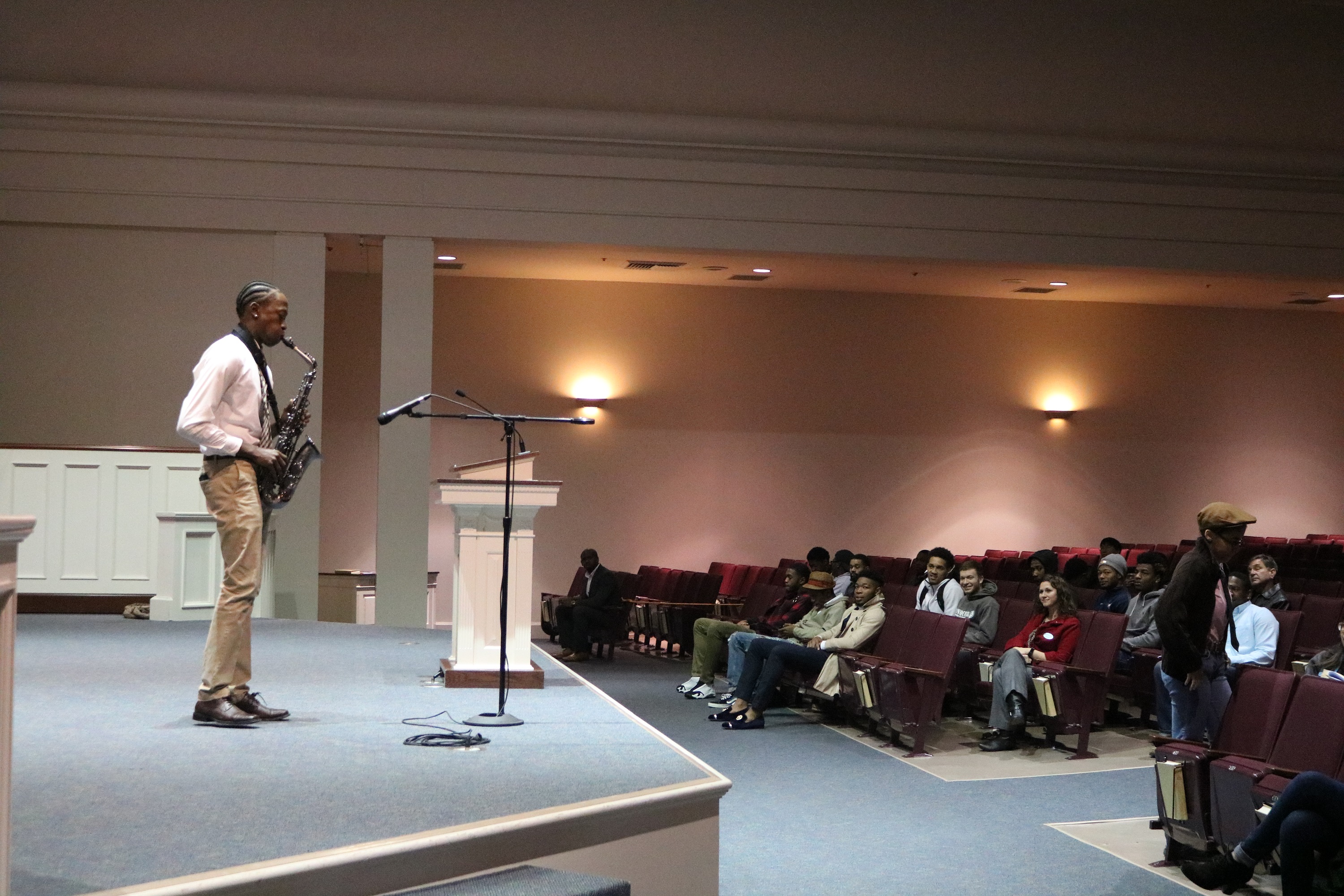 Gregory Ragland plays Amazing Grace on the saxophone during Brewton-Parker College’s January 30 chapel service.