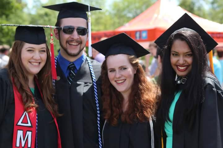 From left, Suzanna Moye, Garret Moye, Lauren Moye, and Tanvi Chauhan celebrate their graduation from Brewton-Parker College in May 2015. Suzanna, Garret, and Lauren entered Brewton-Parker from three different homeschool families.