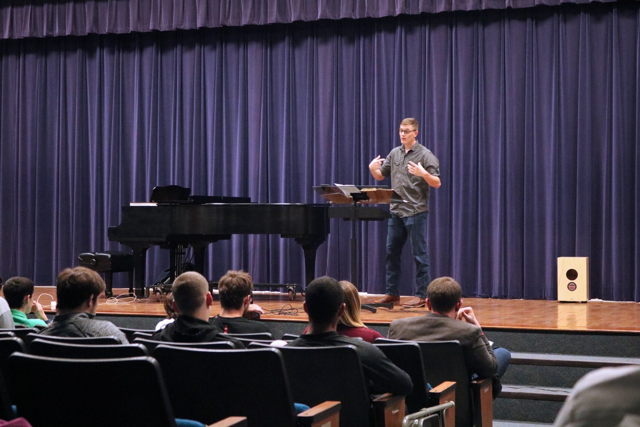 Stephen Collins, a recent alumni, addresses the congregation during the Student-Led Revival held at Brewton-Parker during March 12-14. Photo Credit: Caitlyn Parrish